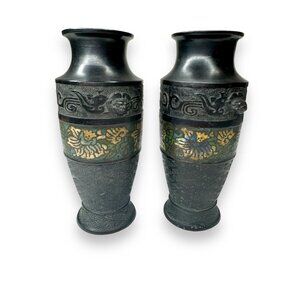 Pair Chinese Champlevé Bronze Vases Taotie Mask Blackened Bronze 6.87”